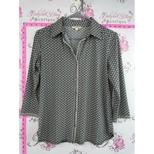 Max Studio floral clover blue green Black & White Geo-Print Button Down Shirt